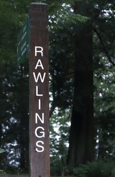 Vancouver, Canada - September 19,2019 Rawlings trail wooden sign in Stanley Park surrounded by deep Forest photo