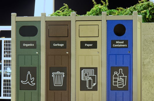 Different Colored Bins For Collection Of Recycle Materials. Environmental safety. Vintage style. photo