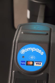 Vancouver, Canada - September 18,2019 Automatic barriers for control people entered in subway at Burrard Station in Vancouver . Compass card tap. photo