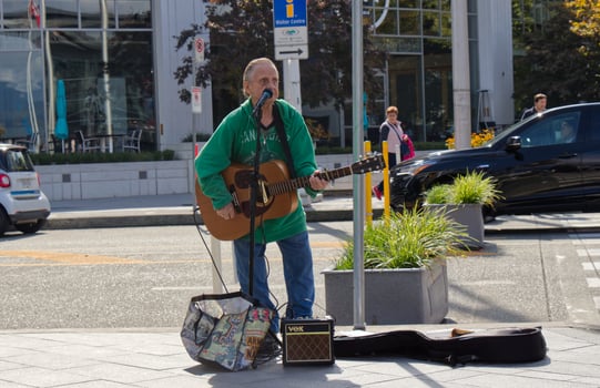 Vancouver, Canada - September 20, 2019 Street Artist is singing on the Waterfront road near Canada Place in Vancouver during the day photo