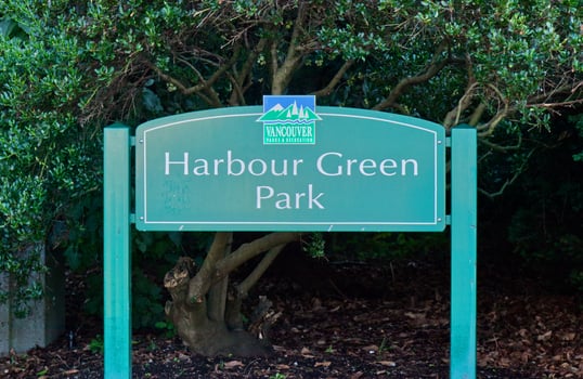 Vancouver, Canada - September 20, 2019 Green sign Harbour Green Park at the Coal Harbour, Vancouver photo