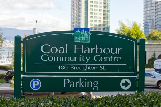 Vancouver, Canada - September 27, 2019 Sign of Coal Harbour Community Centre on Broughton Street in Vancouver. Parking available. photo