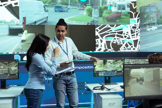 Indian operators consulting on alternative routes gps locating in control center, employees operating with CCTV footage to guide couriers in traffic. Operators follow satellite navigation. photo