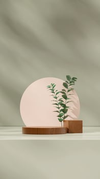 Portrait layout of green wall and plant, 3D image render empty scene brown cylinder podium photo