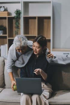 Asian elderly women and friend using social media and living room. streaming, happiness and conversation at a house with old people together photo