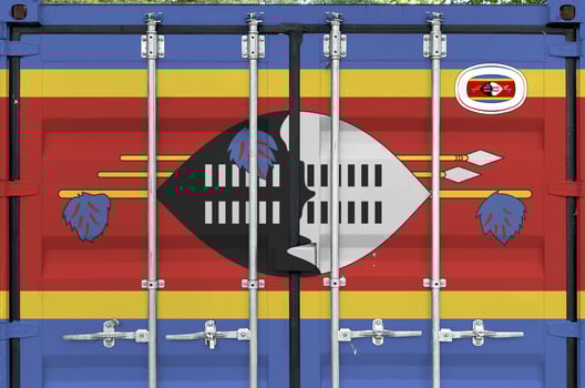Swaziland flag depicted on metal doors of shipping cargo container outdoors in docks area photo