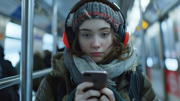 Young Woman Commuting on a Subway Train During Winter While Listening to Music photo