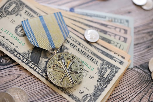 KYIV, UKRAINE - JULY 10, 2024 Air Force Armed Forces Reserve medal. United States military award medal with ribbon and pin. Handmade paper theater props photo