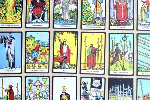 KYIV, UKRAINE - JULY 10, 2024 Tarot minor and major arcana cards of Rider Waite esoteric deck. Many tarot cards for fortune telling and esoteric actions photo