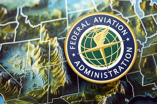 KYIV, UKRAINE - JUNE 26, 2024 Federal Aviation Administration coat of arms on paper map of United States photo