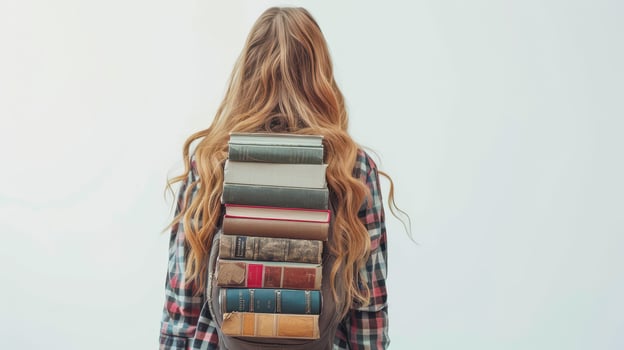 A Young Student Carries An Unusual Backpack Filled With Colorful Books On A Bright Day Outdoors photo