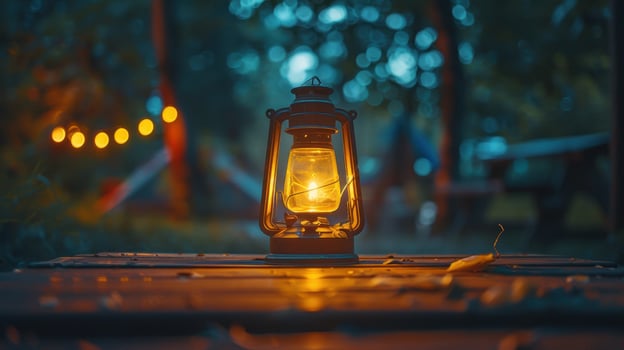 Enchanting Lantern Illuminates Woodland Campground Under Starry Night Sky photo