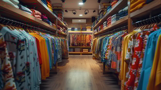 A Vibrant Collection of Colorful Clothing in a Boutique Store Aisle at Sunset photo
