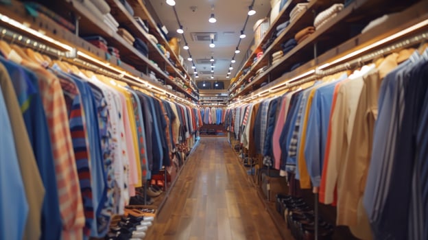 Vibrant Shopping Aisle Filled With Colorful Clothing on a Busy Day in a Trendy Boutique photo