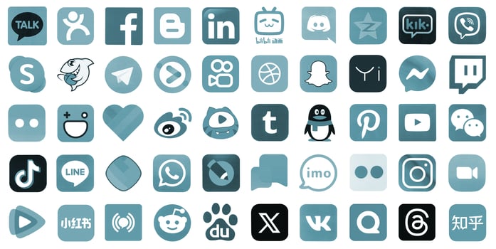 KYIV, UKRAINE - APRIL 1, 2024 Many icons of social media, messengers, sharing platforms photo