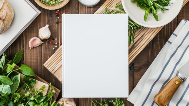 Blank white book cover mock-up on an Italian kitchen table surrounded by fresh herbs and Italian ingredients photo