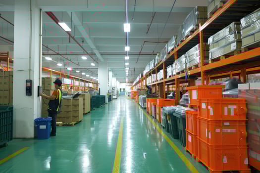 Modern industrial warehouse interior with polished floors and high ceilings photo