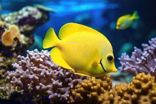 Vibrant yellow fish swimming near coral in a lively, colorful aquarium. photo