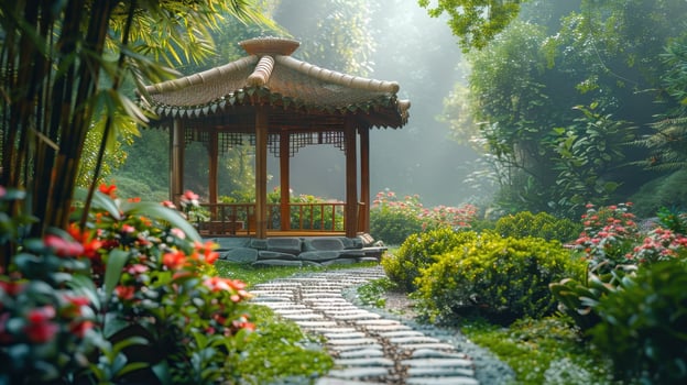 Peaceful Garden Retreat With Serene Pathway and Elegant Pavilion Surrounded by Lush Flora at Dawn photo