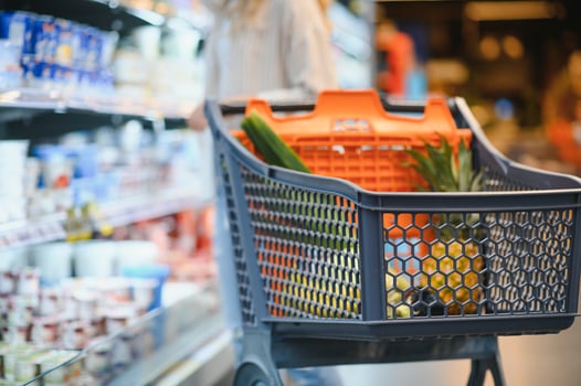 Shopping cart with products in a supermarket photo