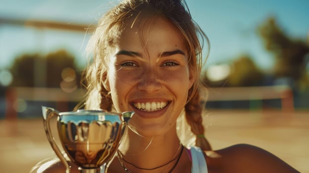Young Tennis Champion Celebrates Victory While Holding Trophy Under Bright Sunlight at Outdoor Court photo