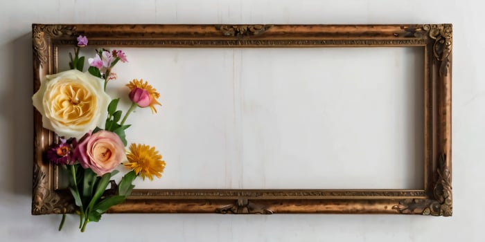 A wooden picture frame adorned with fresh flowers. photo