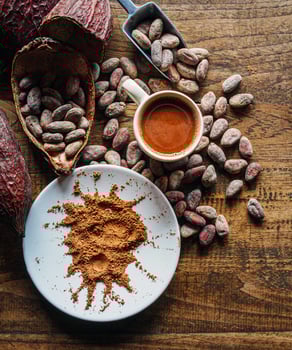 Top view of hot chocolate drink,cocoa drink and natural cocoa powder with brown cocoa beans and dry cacao pod on a vintage wooden table. photo