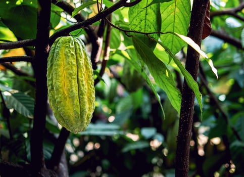 Close-up of green raw Cacao pods grow on trees. The cacao fruits, Raw cocoa cacao tree plant fruit plantation photo