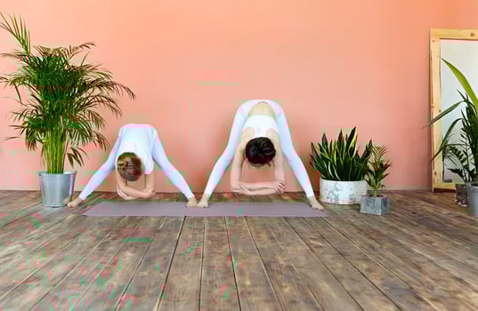 Smiling mother and daughter practicing yoga together photo