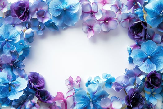 A floral banner with blue and purple flowers and a blank space for text in the center. photo