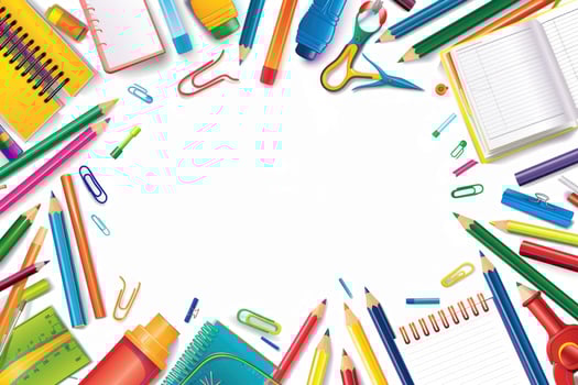 A clean white background with colorful school supplies around the edges. photo