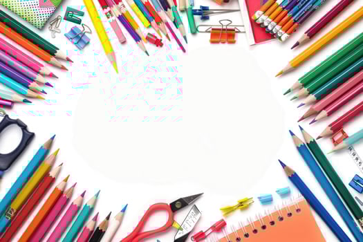 A clean white background with colorful school supplies around the edges. photo