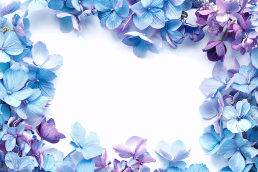 A floral banner with blue and purple flowers and a blank space for text in the center. photo