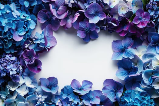 A floral banner with blue and purple flowers and a blank space for text in the center. photo