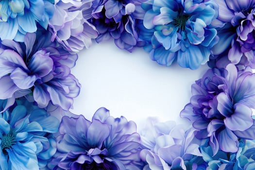 A floral banner with blue and purple flowers and a blank space for text in the center. photo