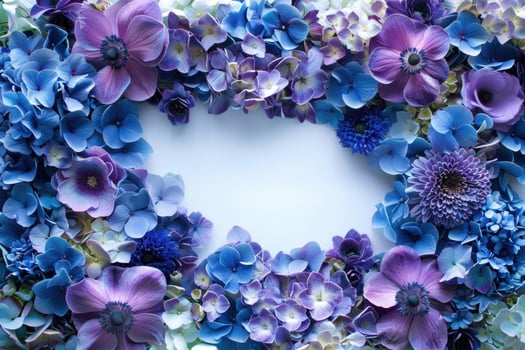 A floral banner with blue and purple flowers and a blank space for text in the center. photo
