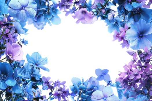 A floral banner with blue and purple flowers and a blank space for text in the center. photo