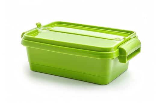 A green plastic lunch box isolated on a white background. photo