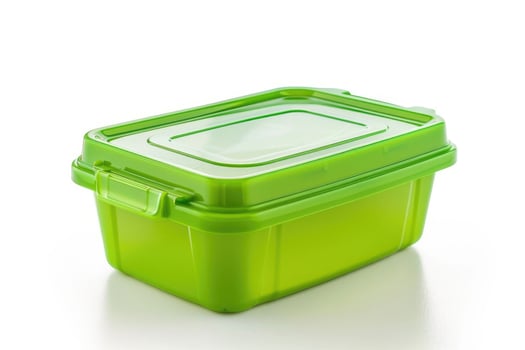 A green plastic lunch box isolated on a white background. photo