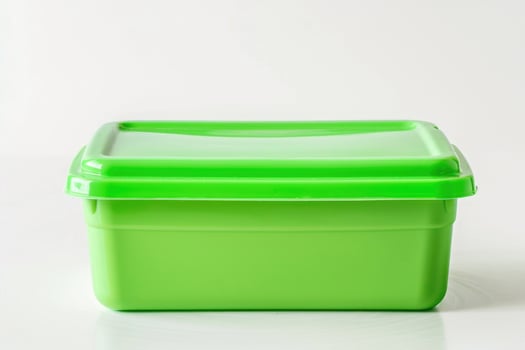 A green plastic lunch box isolated on a white background. photo