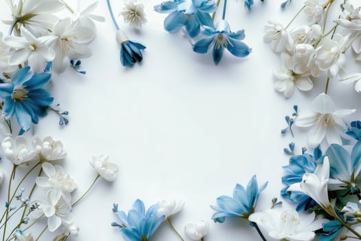 A floral banner featuring white and blue flowers with a spacious blank area for customization. photo