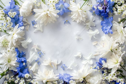A floral banner featuring white and blue flowers with a spacious blank area for customization. photo