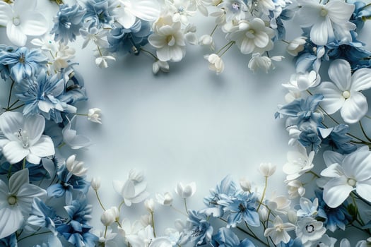 A floral banner featuring white and blue flowers with a spacious blank area for customization. photo