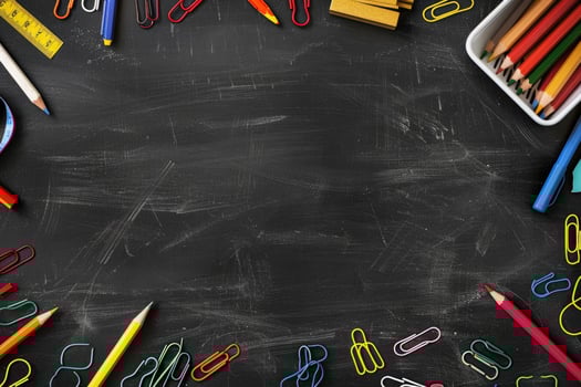 Chalkboard background with school supplies in the corners. photo