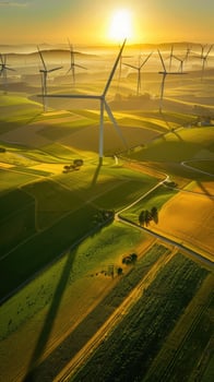 Warm sunset in Dutch windmill park, golden light and turbine shadows over rolling hills, sustainable energy inspiration. Windmill park clean energy nehterlands photo