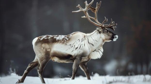 reindeer with large antlers walking through a snowy forest in the snow photo