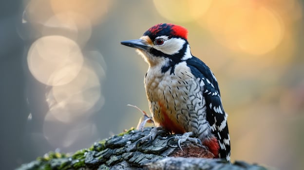 Colorful woodpecker with a vibrant red crown, black and white plumage, perched on a tree photo