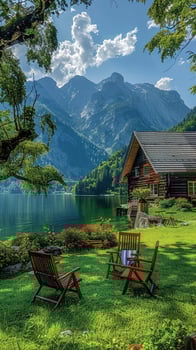 Cozy lakeside cabin in lush mountain landscape setting. photo