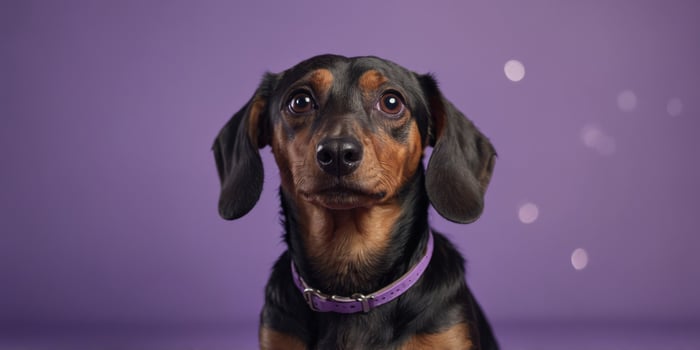 Curious Dachshund with head tilted on a purple background with copy space,. photo