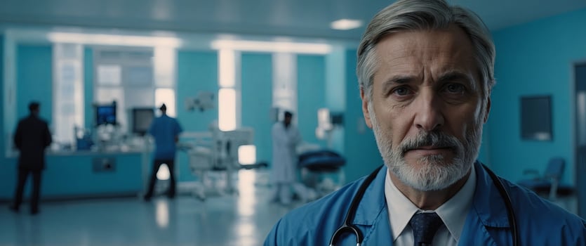 Doctor man over blue hospital background. photo
